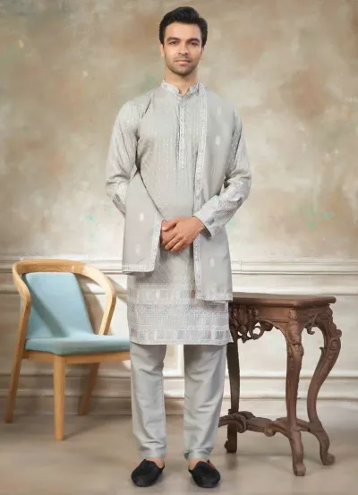 Grey Pure Silk With Embroidery Work Kurta Pajama With Dupatta Menswear Collection